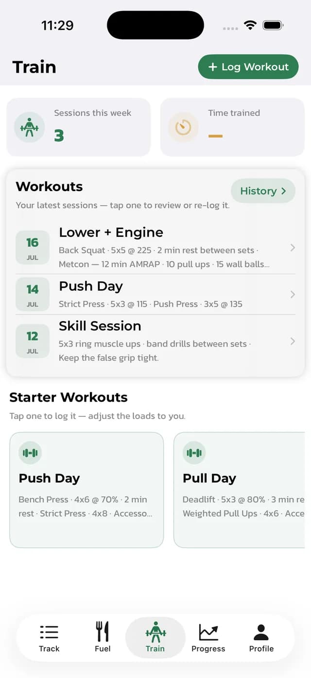 Train tab with weekly sessions, recent workouts, and starter templates